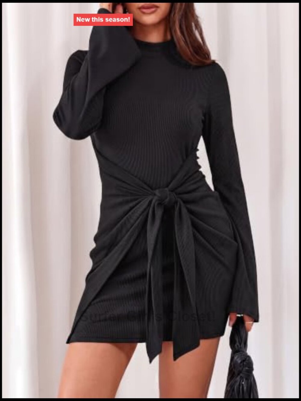 Bodycon Ribbed Knit Bell Sleeve Tie Waist Mini Dress Party - Picture 2 of 6